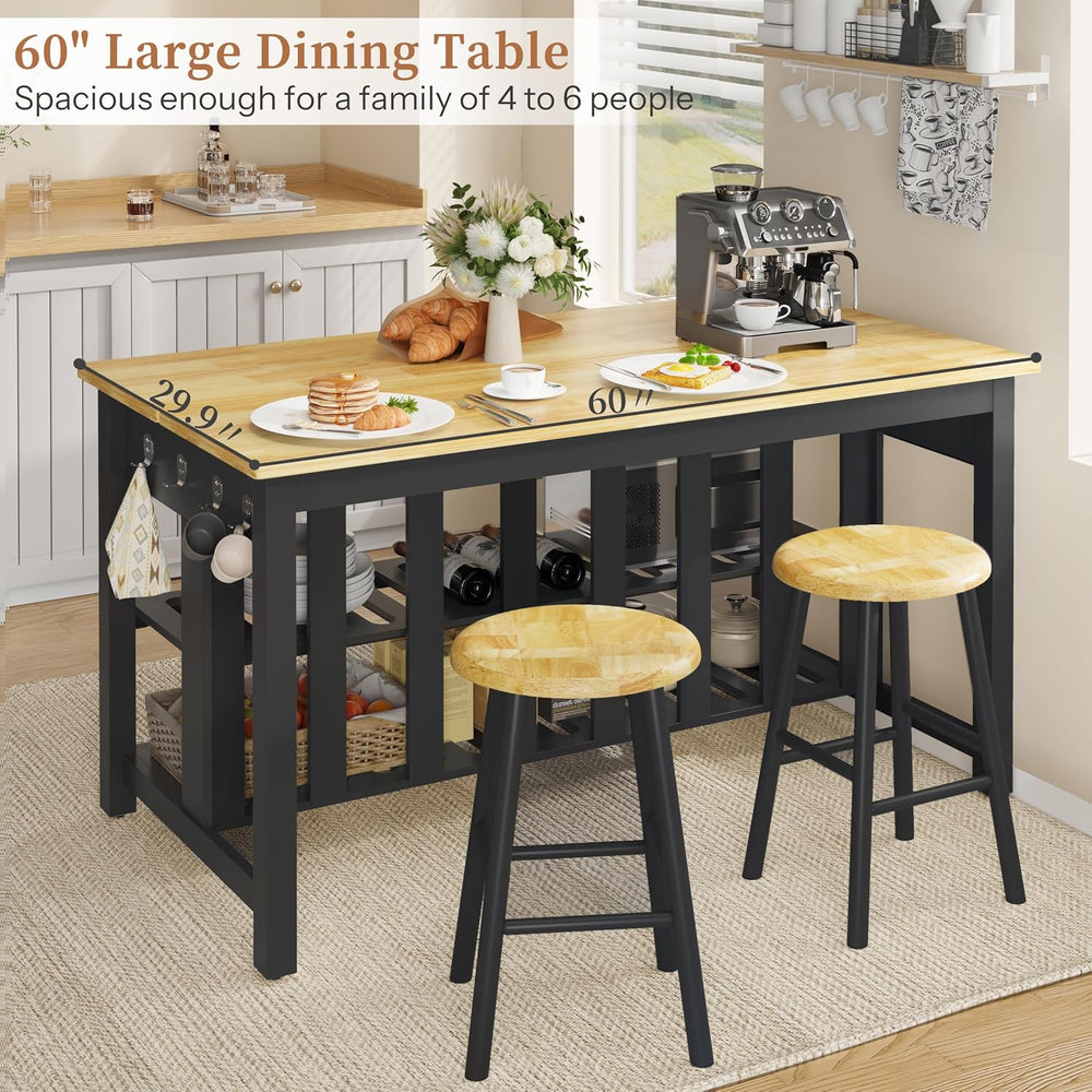 DynJest 60" Solid Rubberwood Kitchen Island with Power Outlets - Extra L...