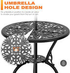 NUU GARDEN Bistro Set 3 Piece Outdoor All Weather Cast Aluminum Patio Bistro Set Patio Table and Chairs Set of 2 with Umbrella Hole and Gray Cushions for Backyard, Balcony, Lawn, Black