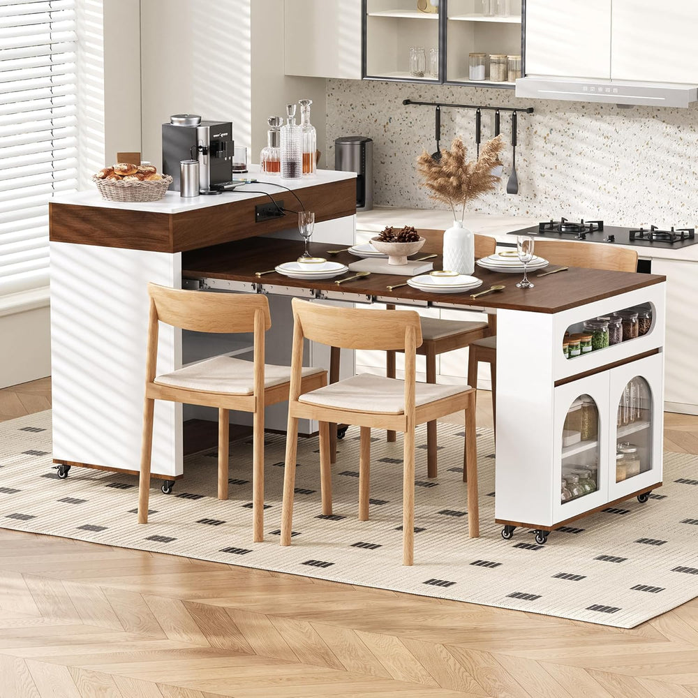 Extendable Dining Table with Extra-Long Folding Top, Rolling Kitchen Island w...
