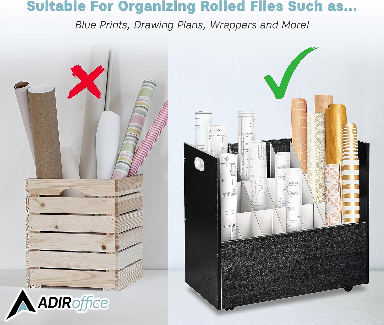AdirOffice Adir Blue Print Storage Organizer - Mobile Roll File Cart, Construction Plan Holders, Blueprint Cabinet with Wheels, Roll Files Storage for Office and Home (21 Slots, Black)