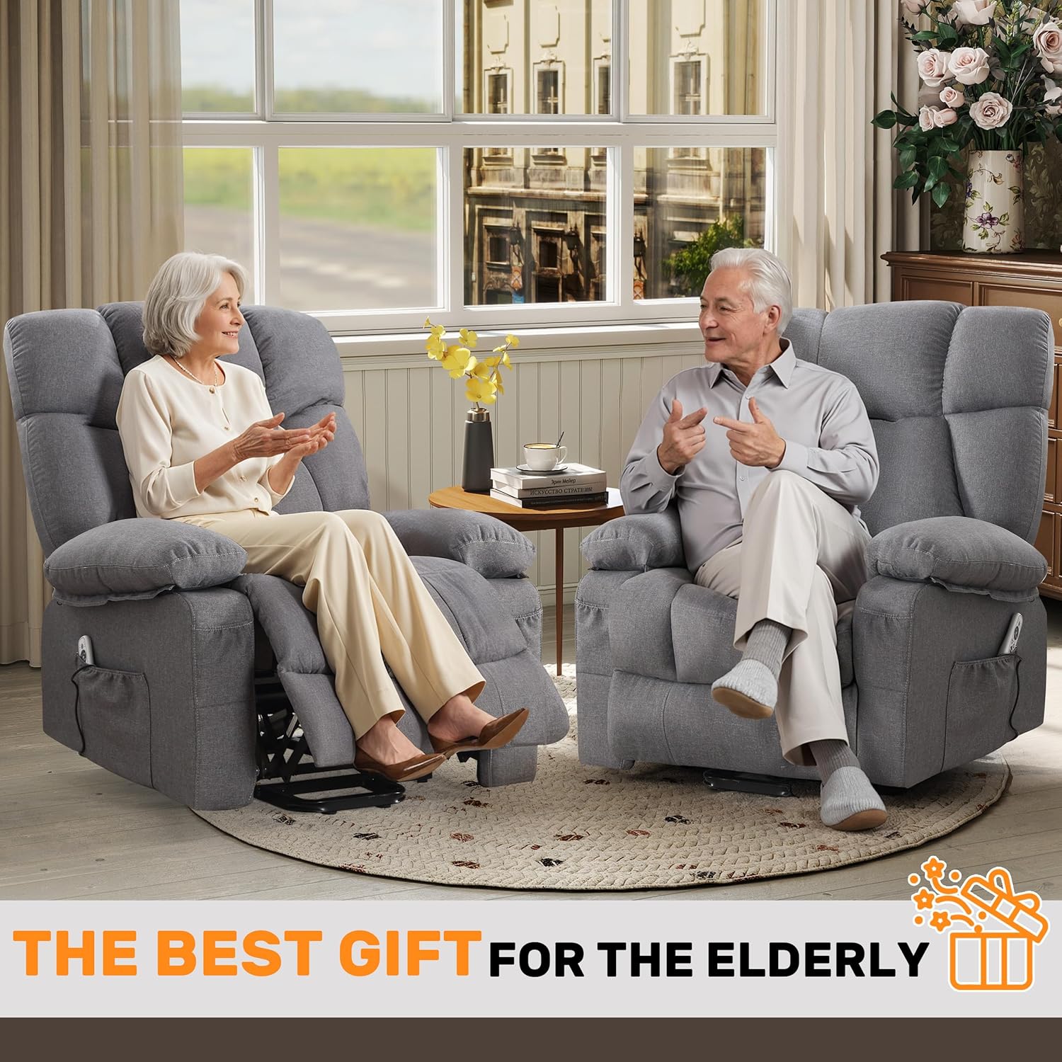 jonpony Power Lift Recliner Chair for Elderly, Big and Tall Lift Chair with Massage and Heat for Living Room, Fabric Electric Recliner Chairs with Side Pocket, USB Charge Port Grey