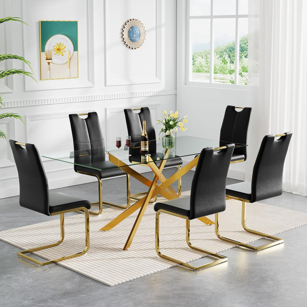 Henf Glass Dining Table Set for 6, 7 Piece Modern Kitchen Table and Chairs fo...