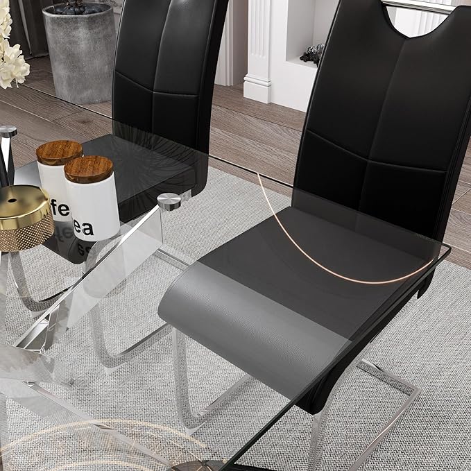 5 Piece Dining Table Table Set, Modern Tempered Glass Dining Table Set for 4 Kitchen Table Set with 4 Upholstered Chairs for Kitchen Dining Room (Sliver Table with Black Hoop Leg Chairs)