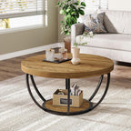 Tribesigns Round Coffee Table, 31.7" Wooden 2-Tier Circle Coffee Table with Storage Shelves, Modern Accent Cocktail Table Center Table for Living Room, Natural Wood Brown
