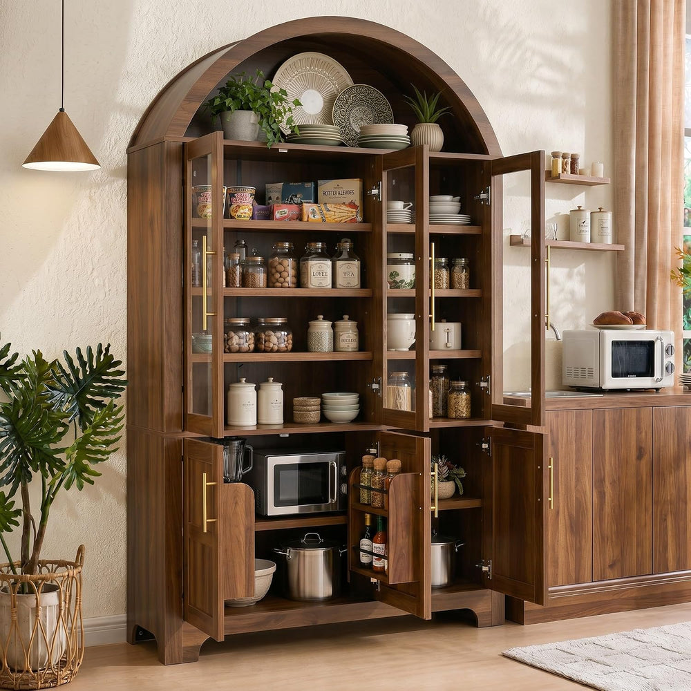 73" Tall Arched Kitchen Pantry with Three Glass Doors,Door Shelves &...