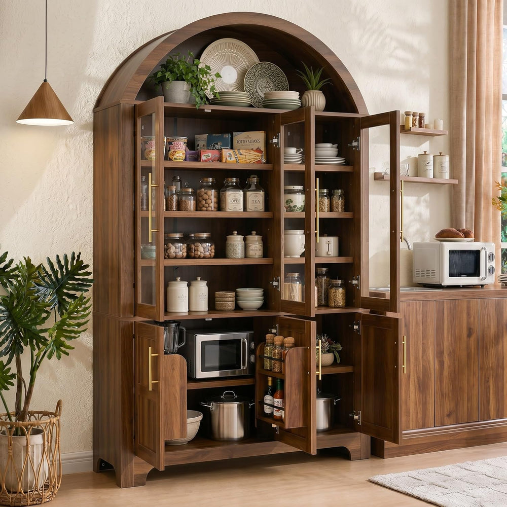 Merax 72.8" H Arched Kitchen Pantry with 3 Glass Doors, Kitchen Cabinet ...