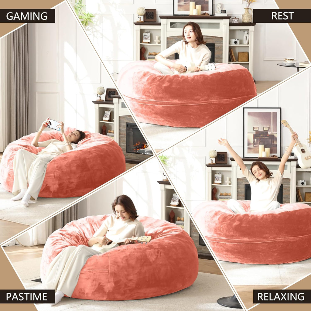Bean Bag Chair for Adults Soft Comfy Bean Bag for Adults, Cozy Reading Chair, Large Round Bean Bag Couch, Versatile Living Room & Bedroom Chairs (Pink, 5FT)