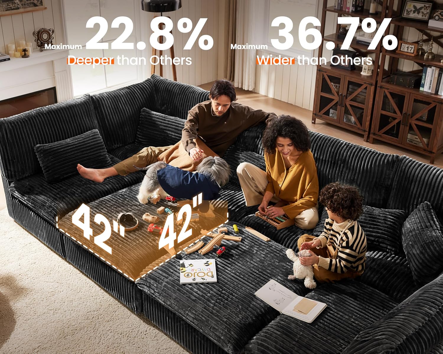 84" Oversized Corduroy Modular Sectional Sofa, Extra Deep 3-Seater Sofa Fluffy Cloud Couch with Ottoman, Sectional Sleeper Sofa for Living Room, L-Shaped, Plush Corduroy, Black