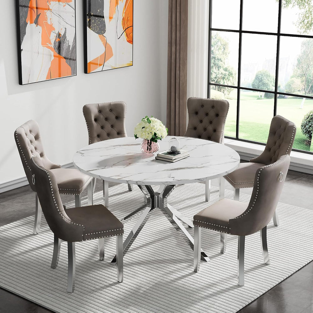 47" Round Faux Marble Dining Table for 4-6, Modern White Marble Top Kitc...