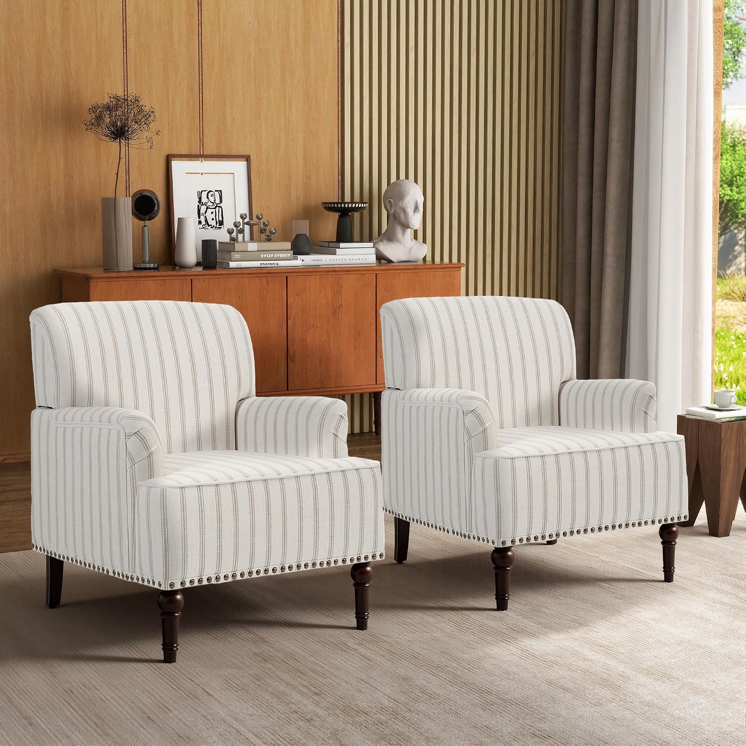 Stripe Accent Chairs Set of 2, Fabric Upholstered Armchair for Living Room, Nailhead Trim Club Arm Chair Comfy Single Sofa Bedroom Reading Seat with Wood Legs - Pinstripe Light Brown