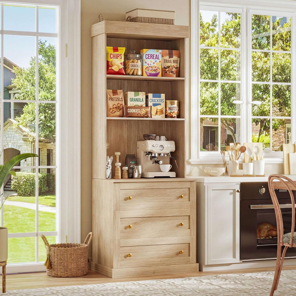 71" Farmhouse Kitchen Pantry Cabinet, Brown Freestanding Coffee Bar Hutc...