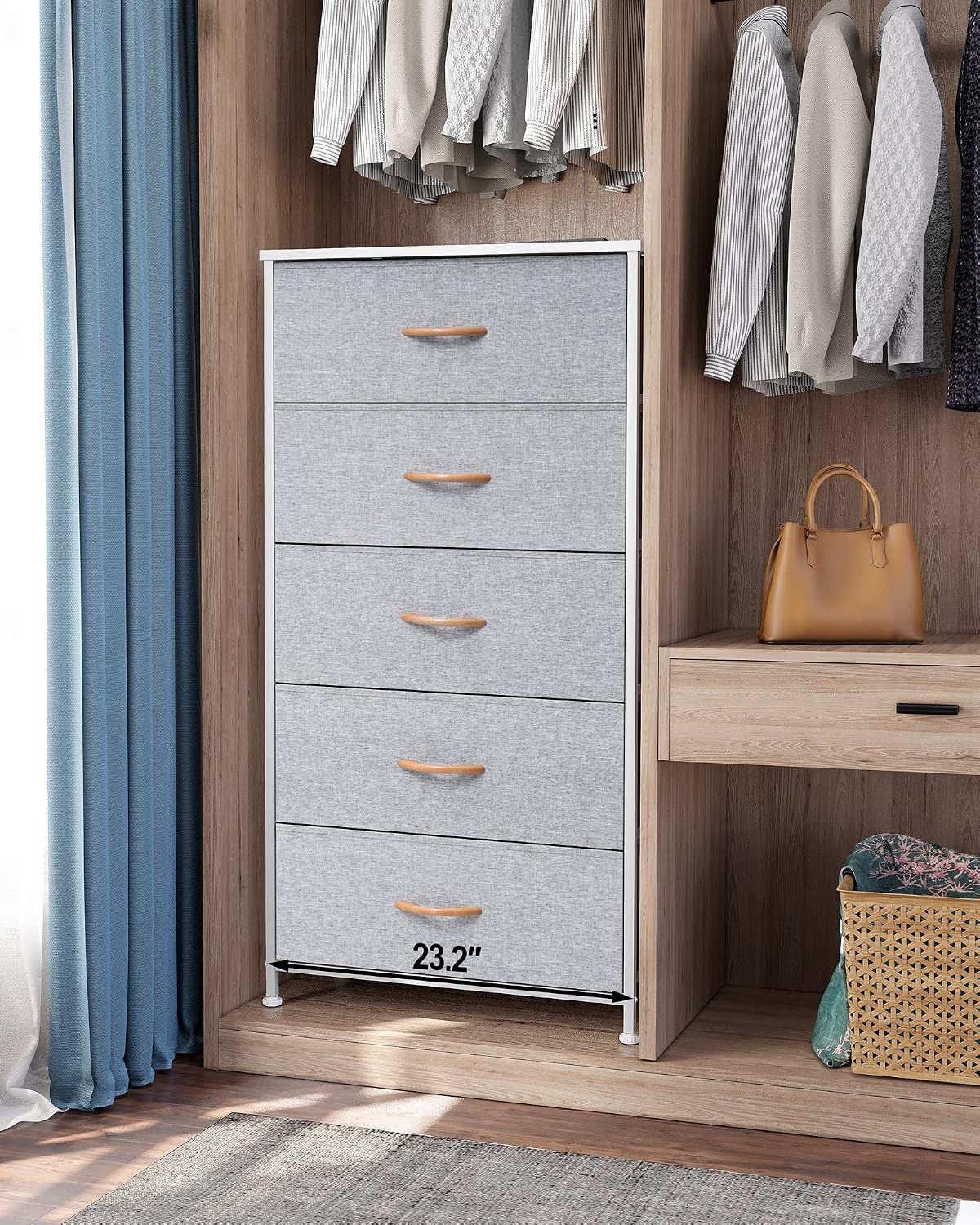 Tall Dresser, Wide Vertical Fabric Storage Organizer, 5 Drawer (Light Gray) | Sturdy Steel Frame, Wood Top and Easy Pull Handle, Space-saving Organizer for Clothes, Bedroom, Hallway, Entryway, Closets