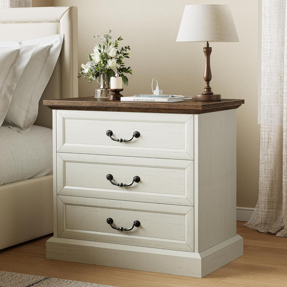 Huuger Nightstand with Charging Station, 3 Drawer Night Stand Set of 2, 22 In...