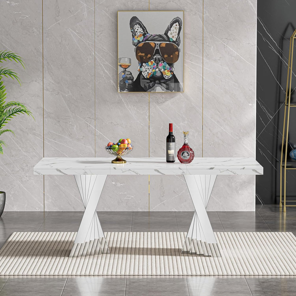 70" Faux Marble White Dining Table for 6, Modern Dining Room Table with ...