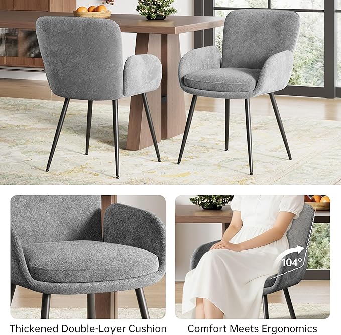 VKNOW Modern Dining Chairs Set of 2, Upholstered Dining Room Chair with Armrest, Kitchen Chairs with Curved Ergonomics Backrest for Living Room, Dining Room, Kitchen, Grey