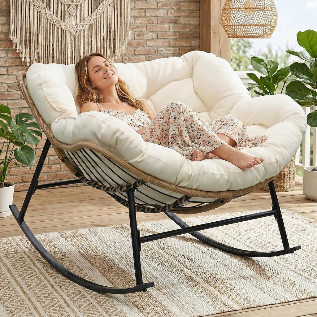 RADIATA Rocking Egg Chair Outdoor, Oversized Papasan Rocking Lounge Chair | 450 Lbs Capacity, Oversized Large Size, PE Wicker Recliner with Beige Cushion, Comfy Sturdy Lounge Chair for Patio Porch