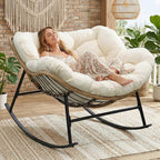 RADIATA Rocking Egg Chair Outdoor, Oversized Papasan Rocking Lounge Chair | 450 Lbs Capacity, Oversized Large Size, PE Wicker Recliner with Beige Cushion, Comfy Sturdy Lounge Chair for Patio Porch