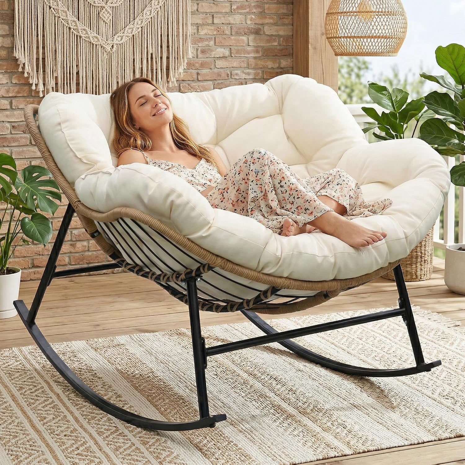 RADIATA Rocking Egg Chair Outdoor, Oversized Papasan Rocking Lounge Chair | 450 Lbs Capacity, Oversized Large Size, PE Wicker Recliner with Beige Cushion, Comfy Sturdy Lounge Chair for Patio Porch