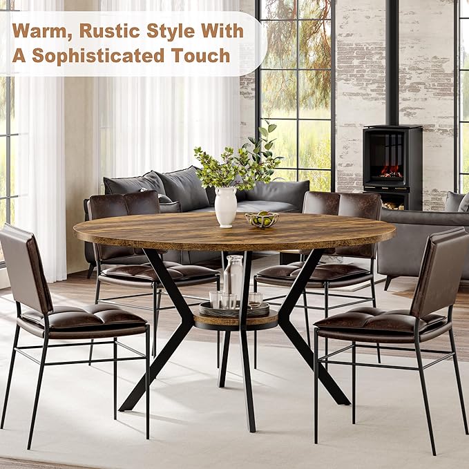 Round Dining Table for 4, 42 Inch Wood Kitchen & Dining Room Tables with Storage, Circle Breakfast Table with Metal Legs, Space Saving Dinner Table for Dining Room, Kitchen, Living Room, Rustic Brown