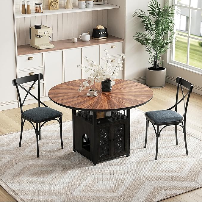 47" Round Dining Table Set for 4-6 People, Large Farmhouse Kitchen Dining Table Set with Chairs and Storage Rack, Metal Base Round Table for Home Dining Room Living Room (Cat table and 2 black chairs)