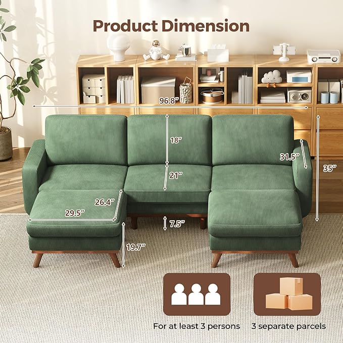 Vesgantti 97" Modular Sectional Sofa Green, U-Shaped Couch with Movable Ottoman, Comfy Corduroy Couch with Spring Cushion, Modular Sofa with Deep Seat for Living Room, Bedroom and Apartment