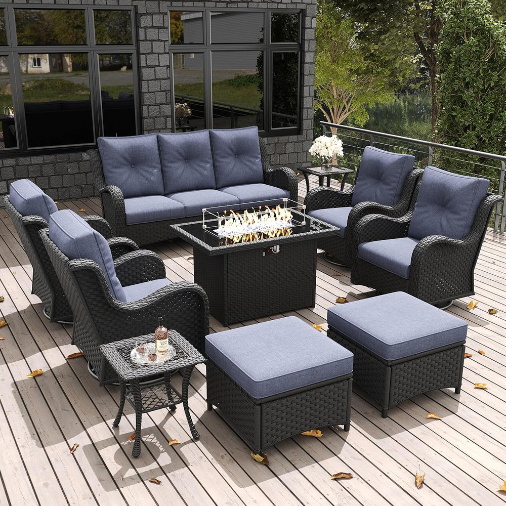 LayinSun 10 Pieces Outdoor Patio Furniture Set with Fire Pit Table, Rattan Wi...