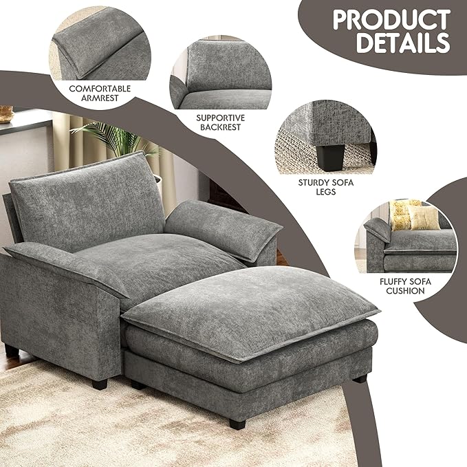 Homall 40" Modular Sectional Sofa, Single Sofa Couch with Reversible Ottoman, DIY Combination Chenille Deep 1-Seat Cloud Couch for Living Room, Apartment (Light Grey, Single Sofa Chair)