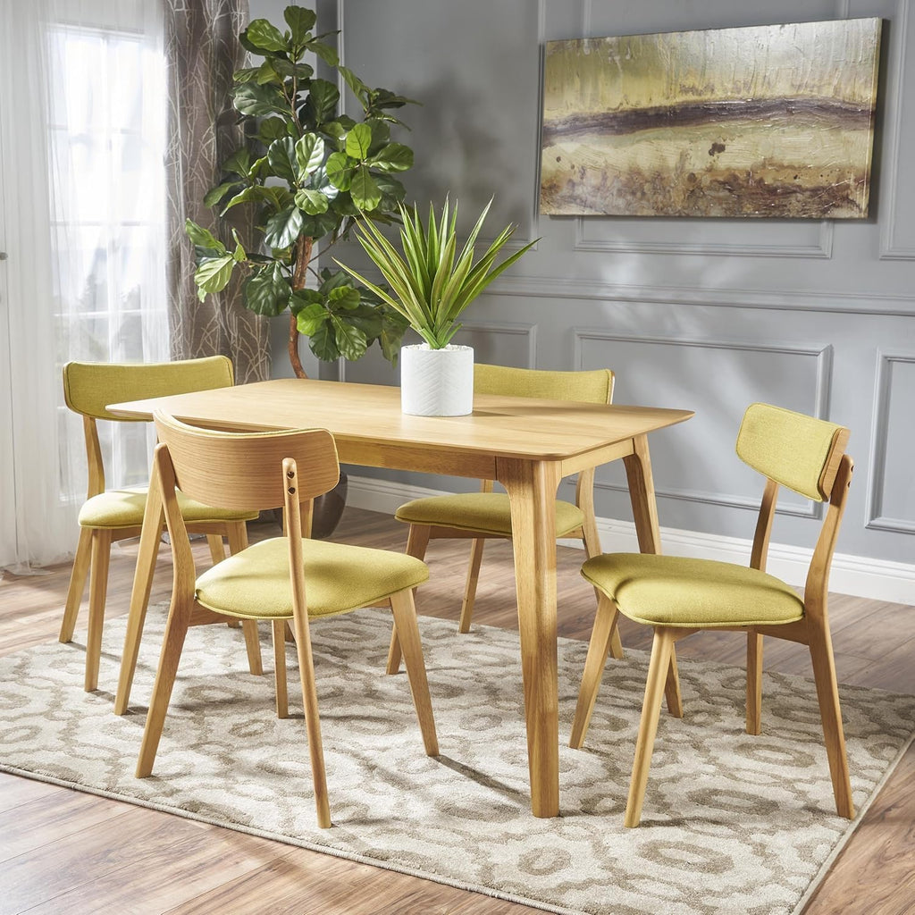 Christopher Knight Home Megann Mid-Century Wood Dining Set with Fabric Chairs, 5-Pcs Set, Natural Oak / Green Tea