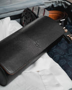 DailyWatch | Watch Roll Travel Case For 3 Watches | Luxury Watch Case In Genuine Black Leather With Soft Velvet Interior | Watch Case Protect, Store, & Display Your Watches | Black Orange