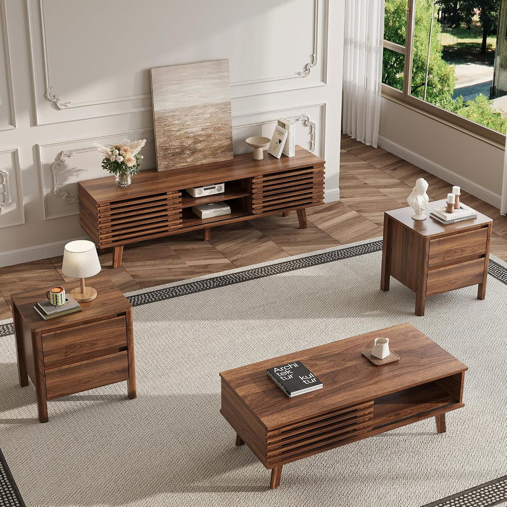 MAISONARIA Living Room Table Sets of 4, Mid Century Coffee Table & TV Sta...