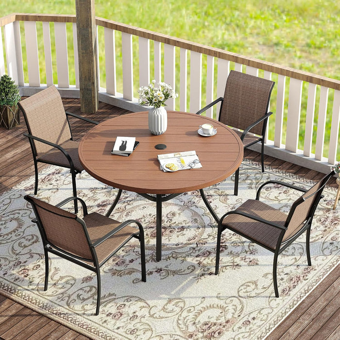VICLLAX 5 Pieces Patio Dining Set for 4, Outdoor Furniture Set Includes 40.7" Round Patio Table and 4 Patio Stackable Chairs, Walnut Tabletop and Brown Fabric