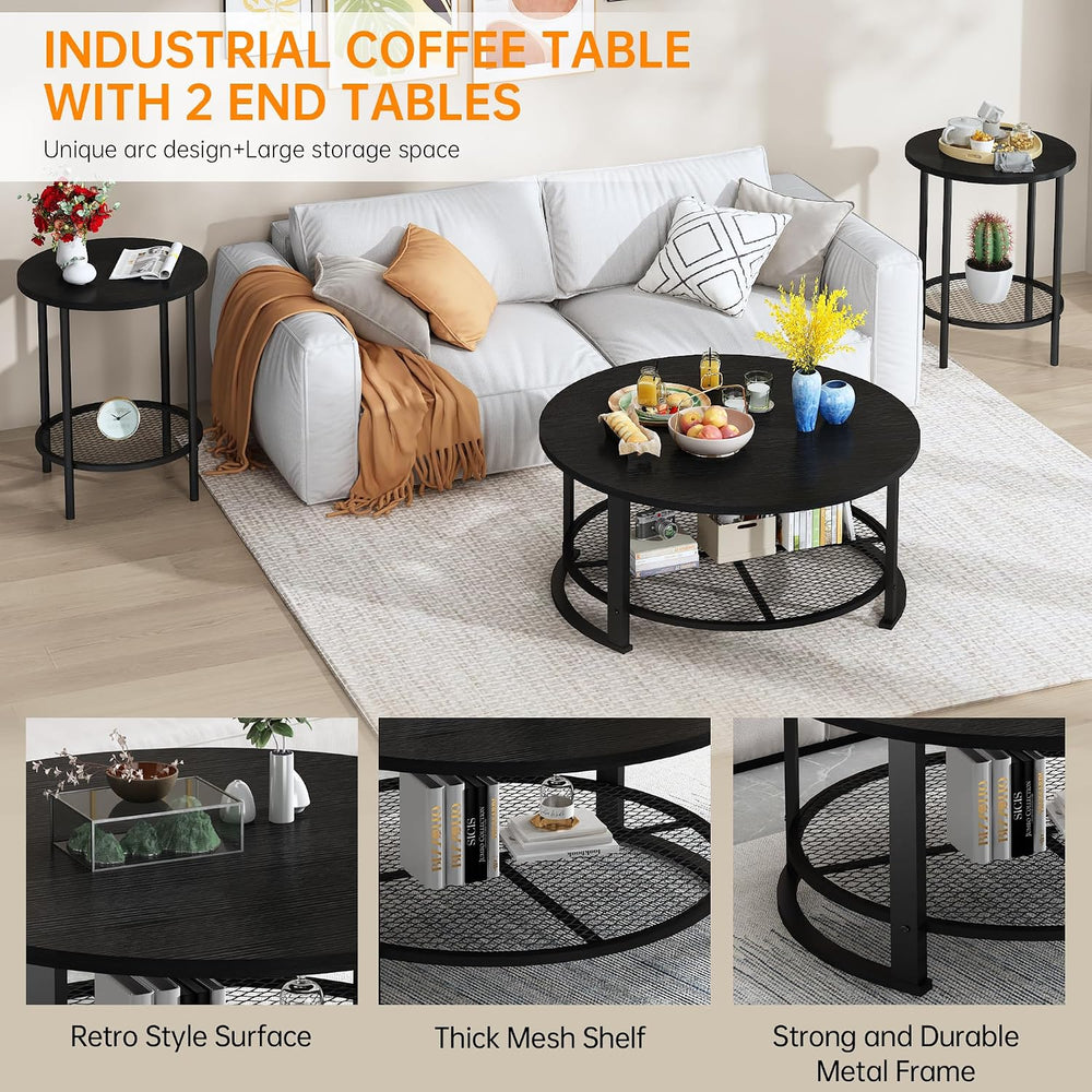 DKLGG 3-Piece Coffee Table and End Table Sets for Living Room, Round Coffee T...