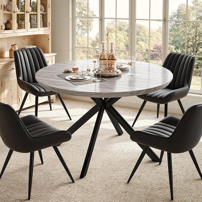 47.2" 5-Piece Round Dining Table Set for 4, Modern Wood Dining Table with 4 Upholstered Chairs, Kitchen & Dining Room Table Set with Metal Base for Apartment, Small Space, Grey Table+4 Balck Chairs