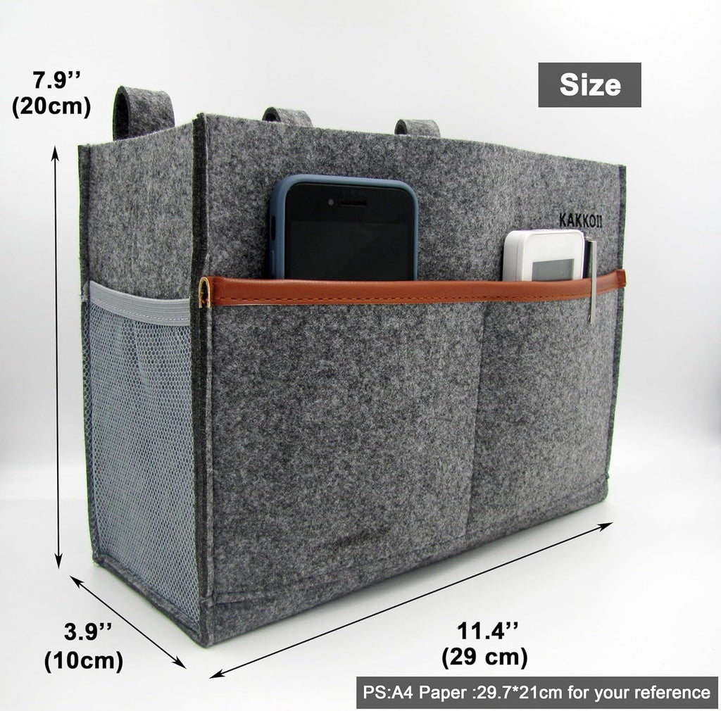 Bedside Caddy, Hanging Storage Bag, Chair Organizer Caddy, Remote, Magazine, Drink Bottle, Cell Phone Holder with Fixed Straps for Hospital Bed, Dorm Bed, Baby Stuff, Office (Grey Small)