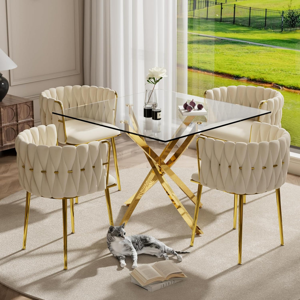Golden Glass Dining Table Set for 4, 5 Piece Clear Glass Top Dinner Room Set,...