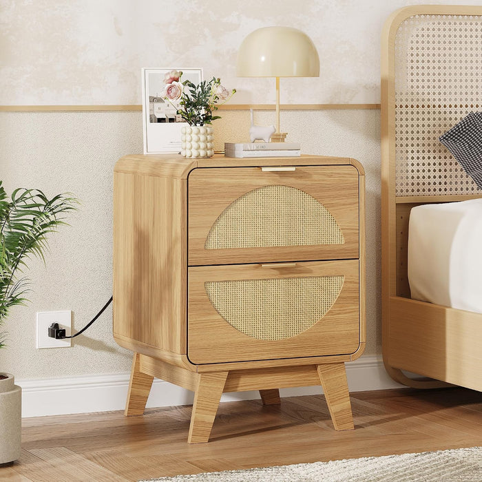 Maupvit Rattan Nightstand with Charging Station, Boho Beside Table with 2 Drawers, Mid Century Modern End Table with Storage, Wood Night Stand for Bedroom, Curved Edge, Natural