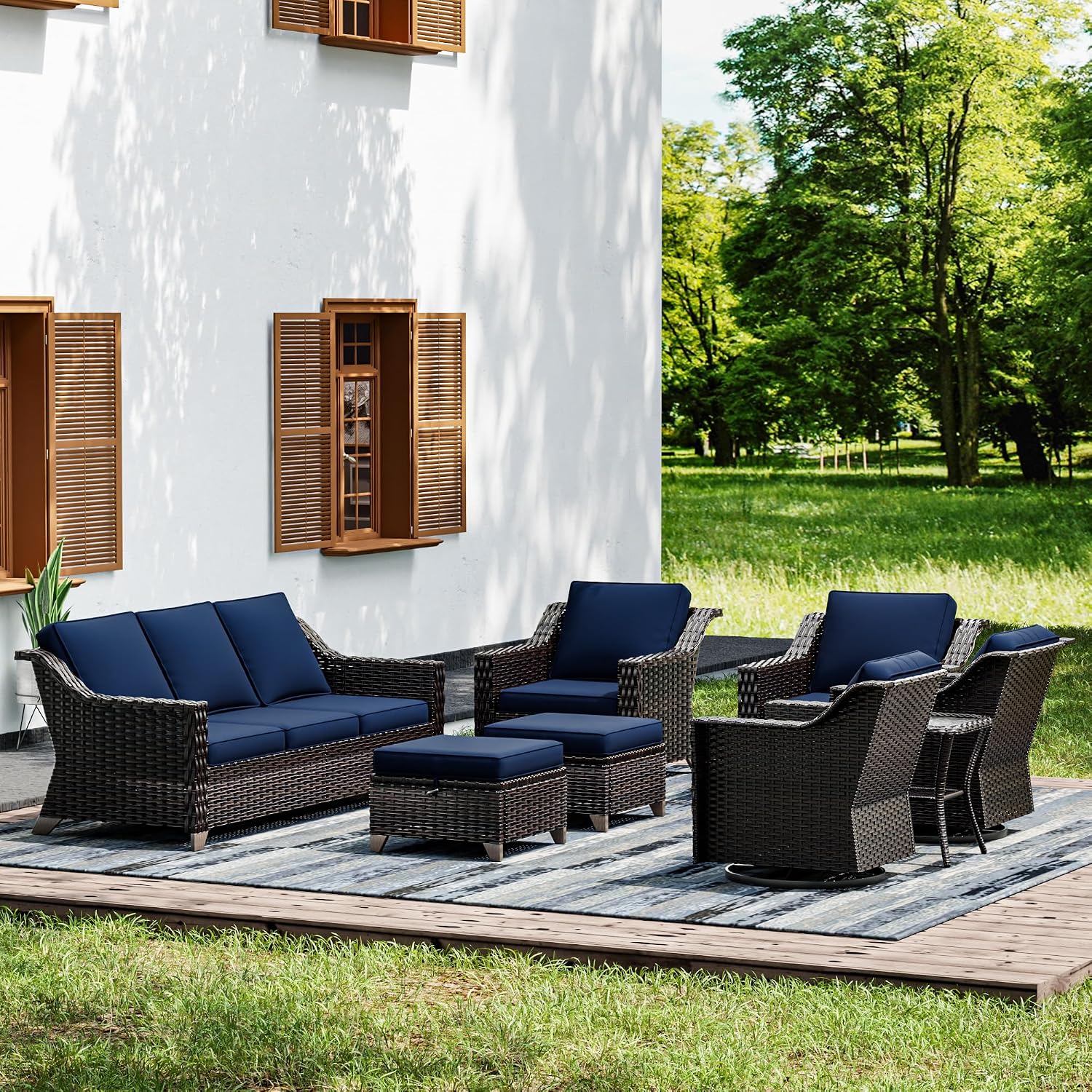 Wicker Patio Furniture Sets, 8 Pieces Upgraded Large Size Outdoor Furniture with Swivel Rocking Patio Chairs, Patio Dining Chair, 3-Seat Sofa, Outdoor Ottoman, Thick Cushions, Wide Armrest