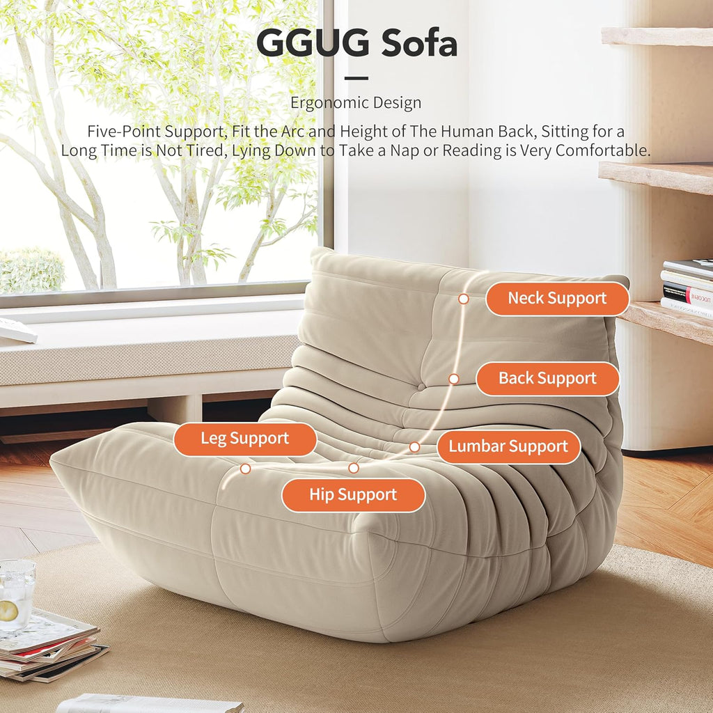 High-end Uncompressed Togo Bean Bag Chair for Adults, Memory Foam Floor Sofa Couch with Soft Fabric, Comfy Fireside Lounge Chair for Living Room, Bedroom, Apartment & Reading Nook Suede Antique White