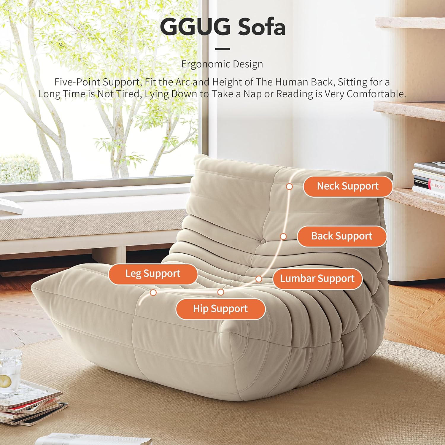 High-end Uncompressed Togo Bean Bag Chair for Adults, Memory Foam Floor Sofa Couch with Soft Fabric, Comfy Fireside Lounge Chair for Living Room, Bedroom, Apartment & Reading Nook Suede Antique White