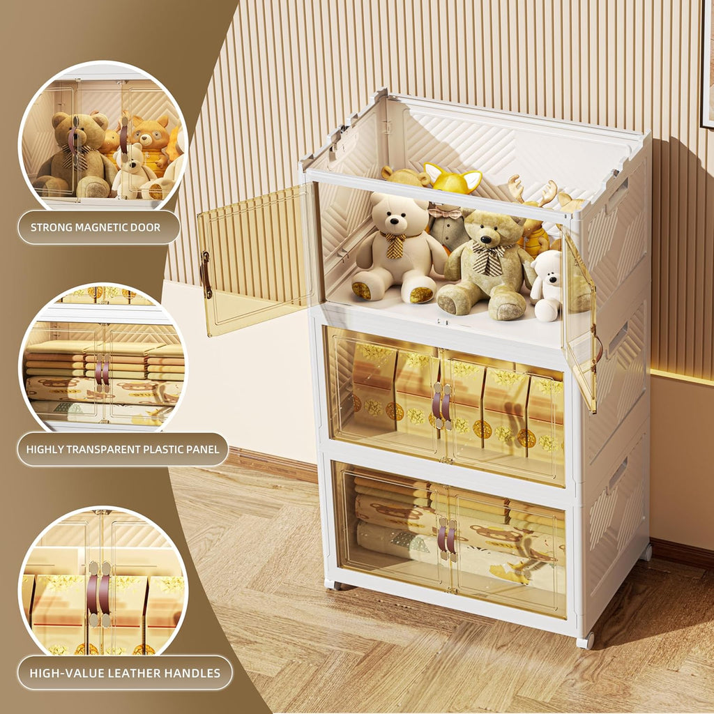 312 QT / 78 Gal Stackable Collapsible Storage Bins with Magnetic Doors & Wheels - Space-Saving Plastic Organizer Cabinet for Closet, Office, Home (White)