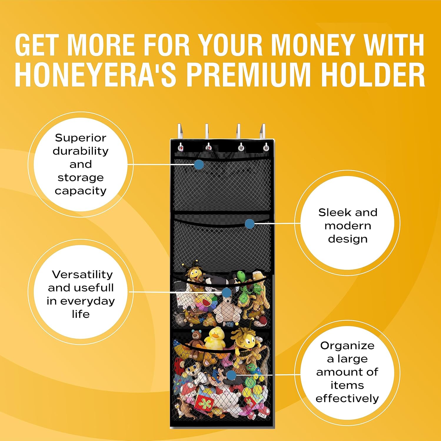 Honeyera The Original Stuffed Animal Storage (Patented) - Over Door Organizer for Stuffies, Toy Plush/Hammock Baby Hanging Storage Net Big Girls Toddler Large Bag Animals (Black)
