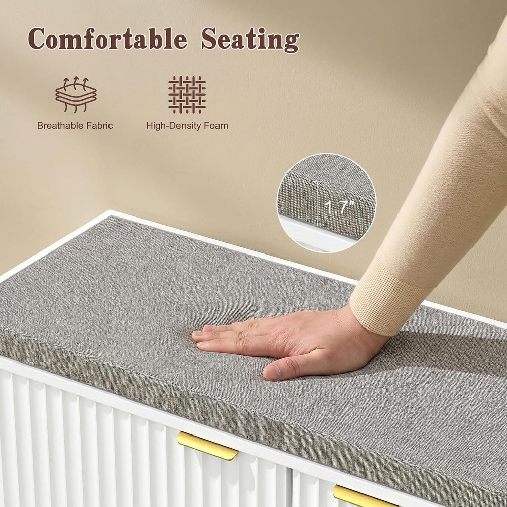Fluted Shoe Storage Bench with Cushion, 2-Tier Entryway Shoe Bench with Adjus...