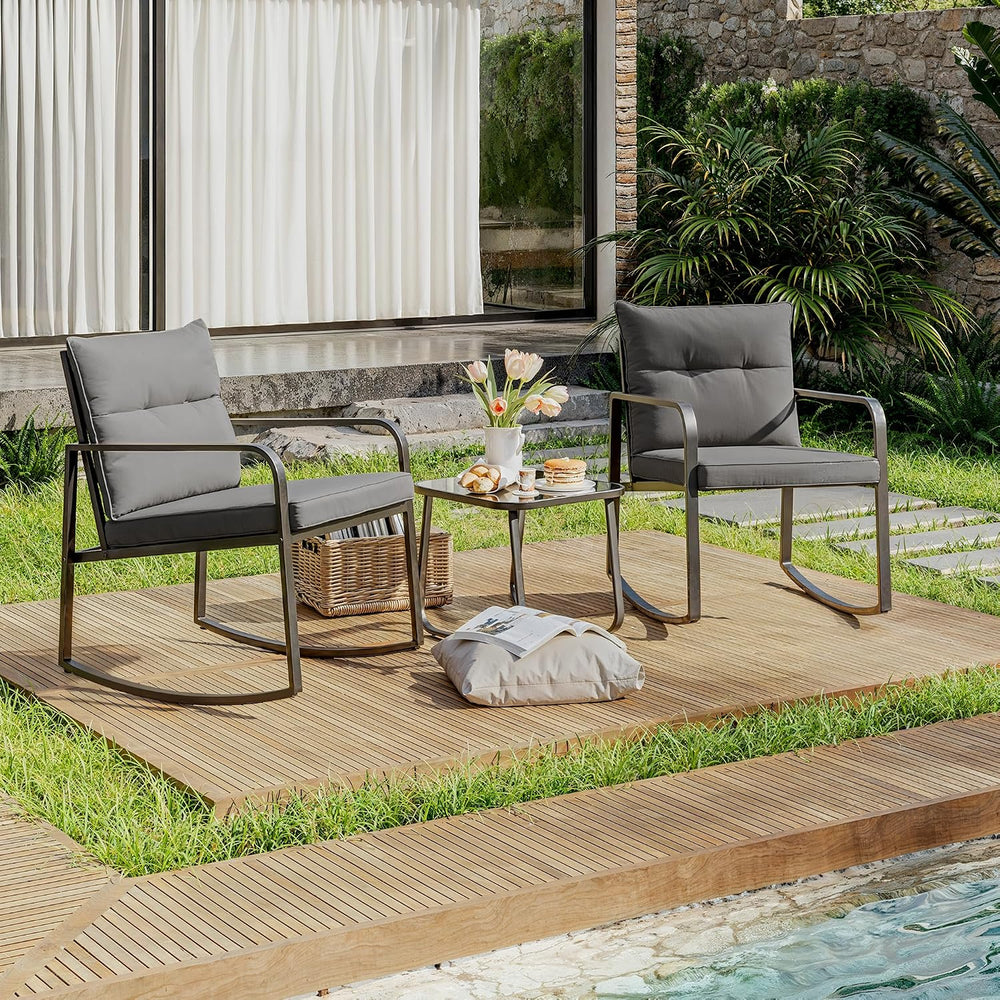 Gizoon 3 Piece Rocking Bistro Set, Black Steel Patio Furniture,Grey Cushion