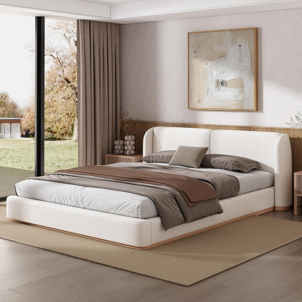 Queen Size Bed Frame, Rounded Wingback Headboard, Boucle Fabric