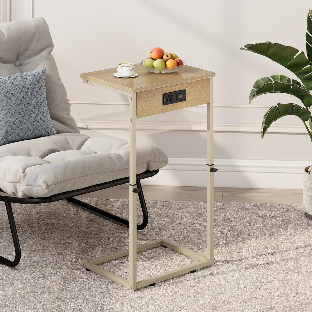 Vagusicc C Shaped End Table with Charging Station, Adjustable Height Side Tab...