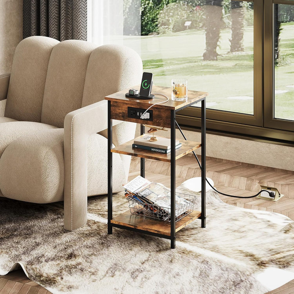 WLIVE End Table with Charging Station, Small Night Stand with Storage Adjusta...