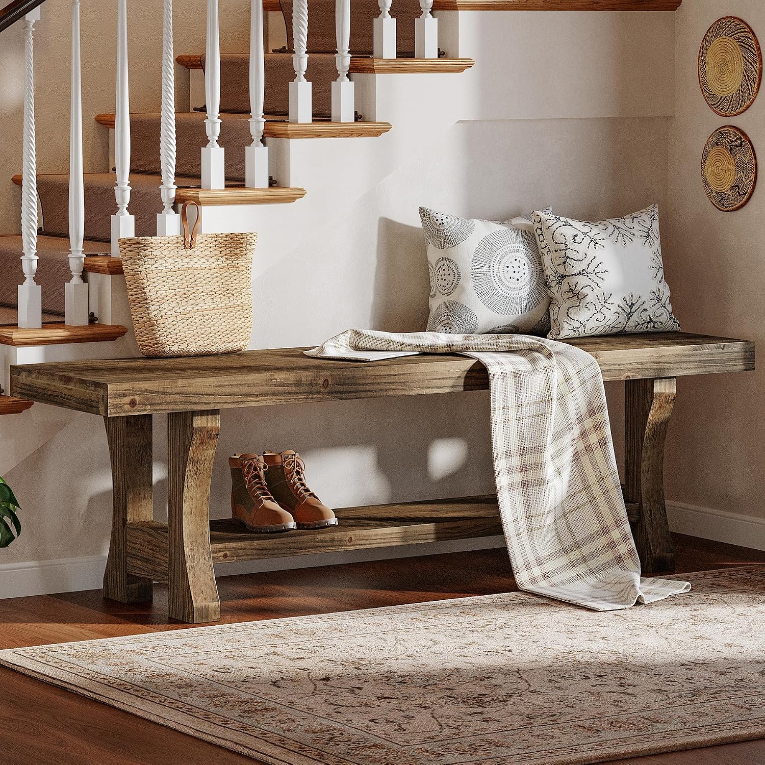 Solid Wood Storage Bench, Farmhouse Entryway Bench, Long Indoor Dining Seat for Hallway, Bedroom, Living Room, Dining Room, Easy Assembly, Dark Brown