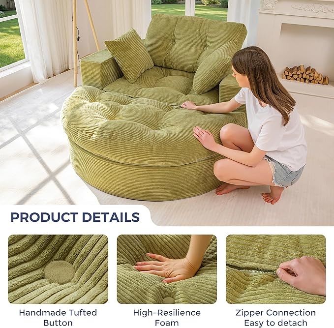 MAXYOYO L Shape Sectional Sofa Couch and Round Chaise Lounge, Modern Cloud Couch with Ottoman, Comfy Sofa with Layered Cushion, Tufted Upholstered Sleeper Chair for Living Room, No Assembly Required