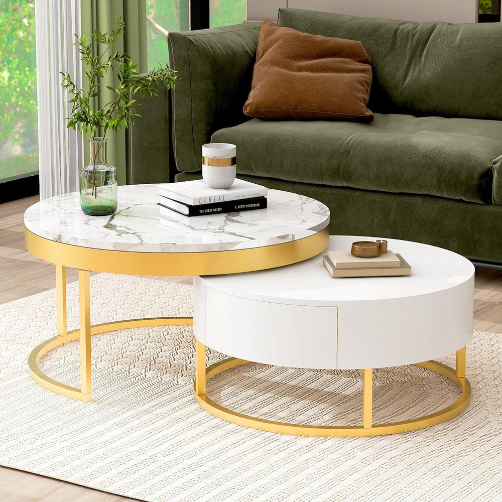 Modern Round Nesting Coffee Table with Drawers in White, Circle Coffee Tables...
