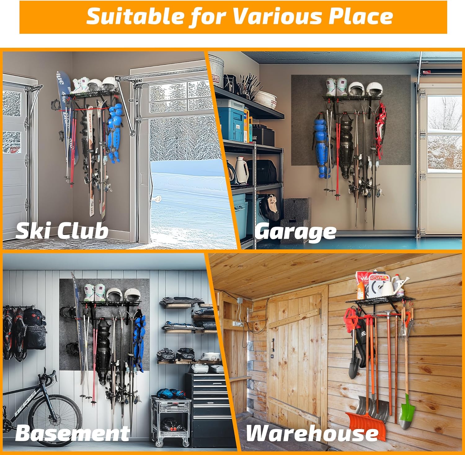 PLKOW Wall-Mounted Ski Rack, Skis Storage Rack for Garage Shed with Top Storage Shelf, Customizable Spacing, Supports Up to 560 lbs, 2-Pack